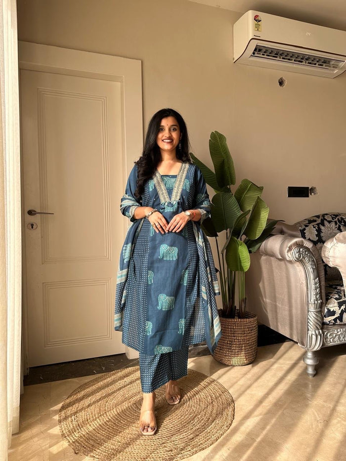 Heena Ajrakh Cotton Suit- Blue