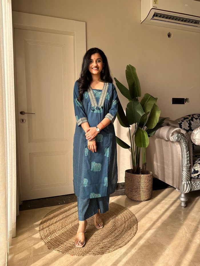 Heena Ajrakh Cotton Suit- Blue