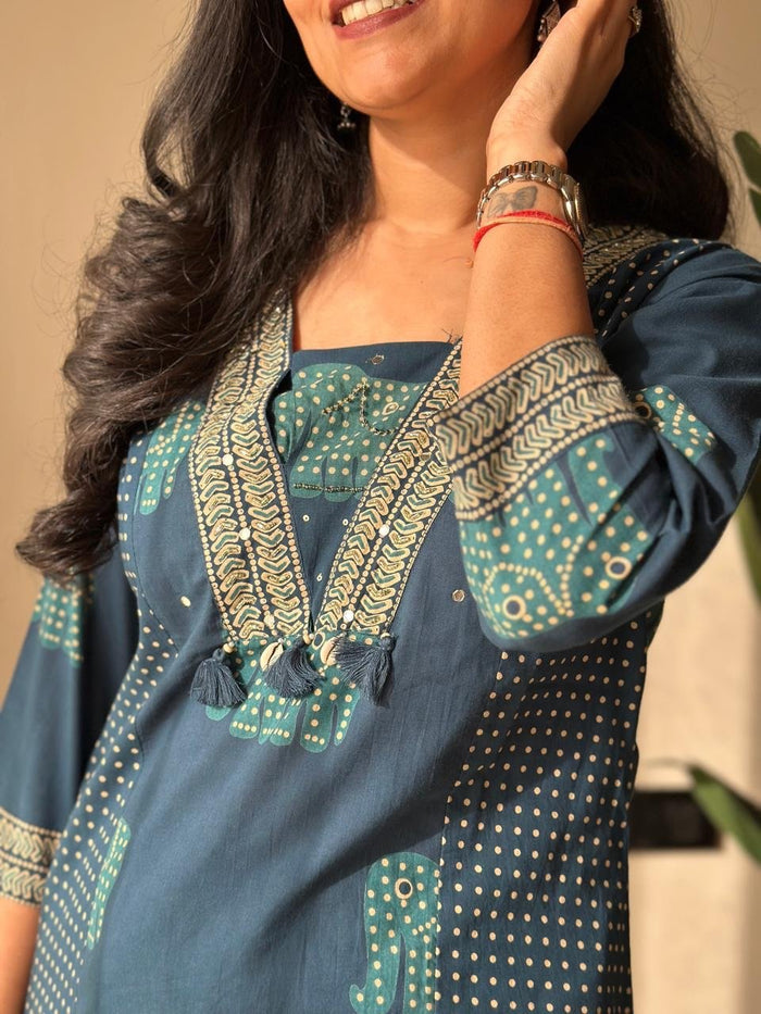 Heena Ajrakh Cotton Suit- Blue