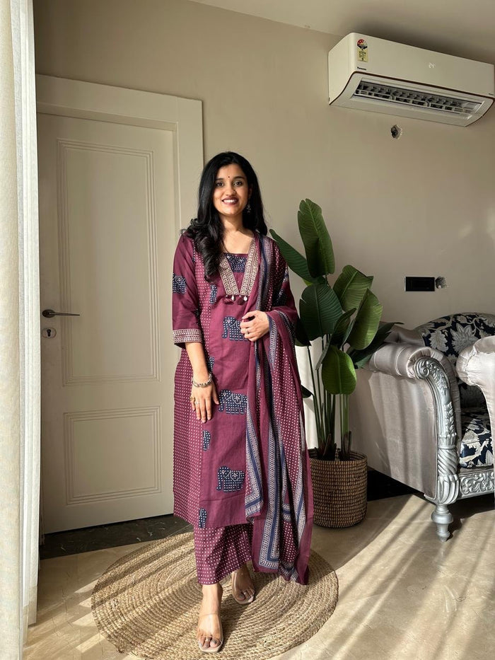 Heena Ajrakh Cotton Suit- Wine