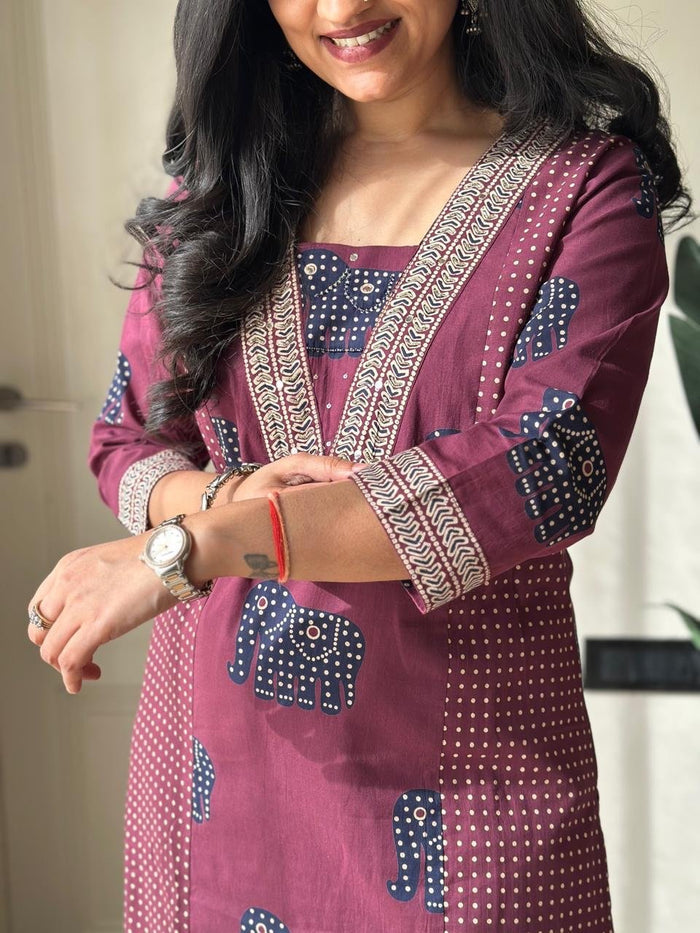 Heena Ajrakh Cotton Suit- Wine