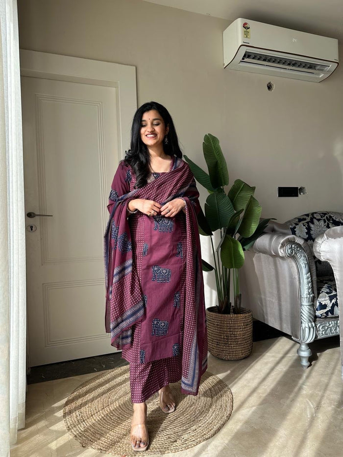 Heena Ajrakh Cotton Suit- Wine