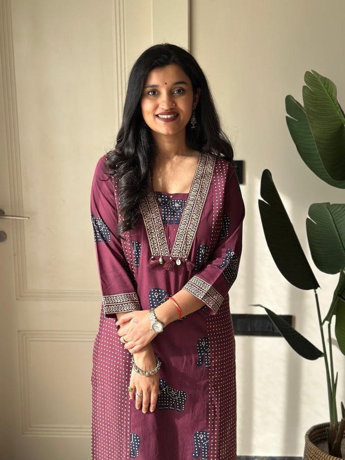 Heena Ajrakh Cotton Suit- Wine