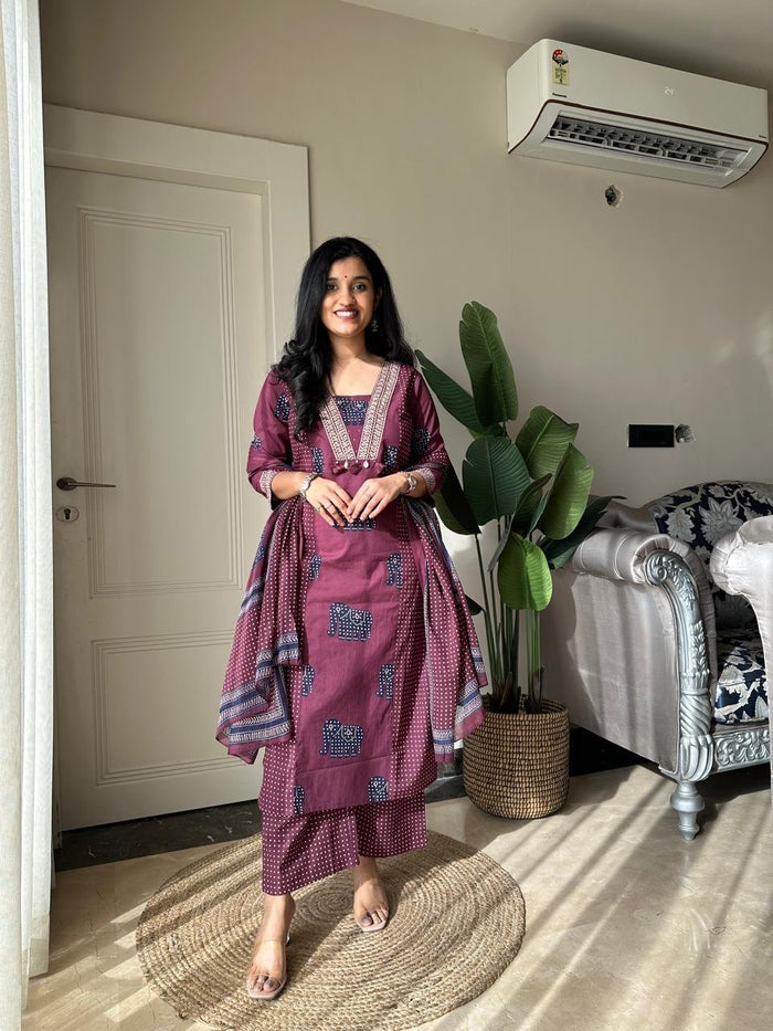 Heena Ajrakh Cotton Suit- Wine