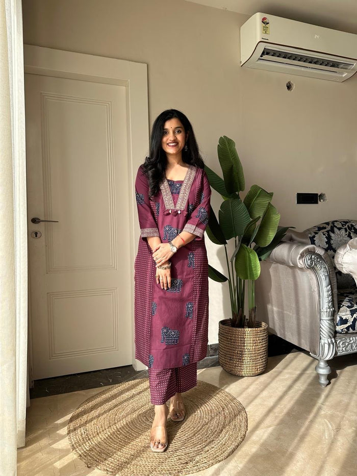 Heena Ajrakh Cotton Suit- Wine