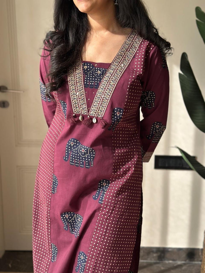 Heena Ajrakh Cotton Suit- Wine