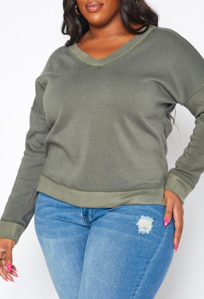HI Curvy Plus Size Casual V Neck Long Sleeve Top