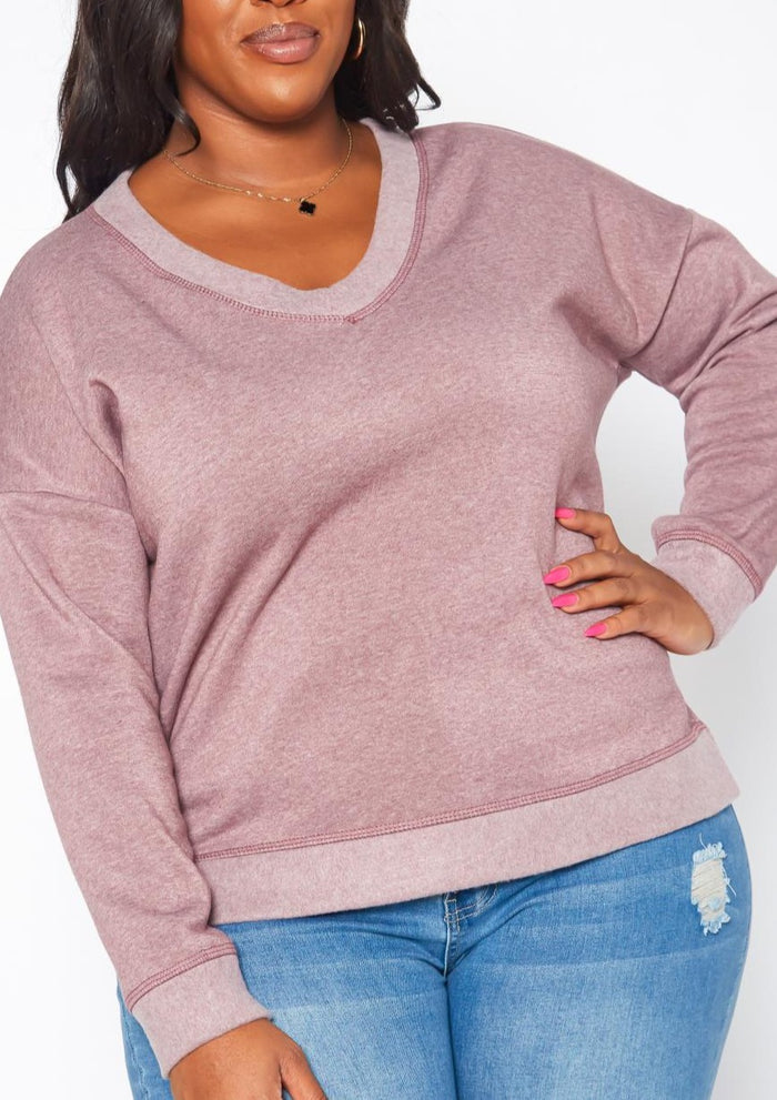 HI Curvy Plus Size Casual V Neck Long Sleeve Top