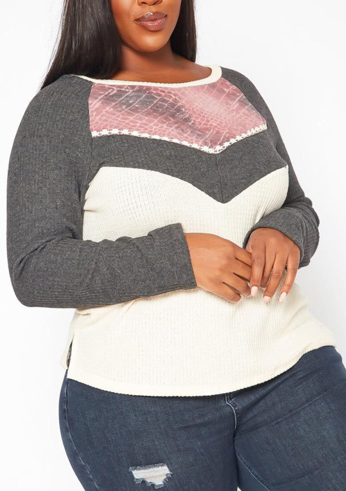 Hi Curvy Plus Size Color Block Knit Long Sleeve Shirt