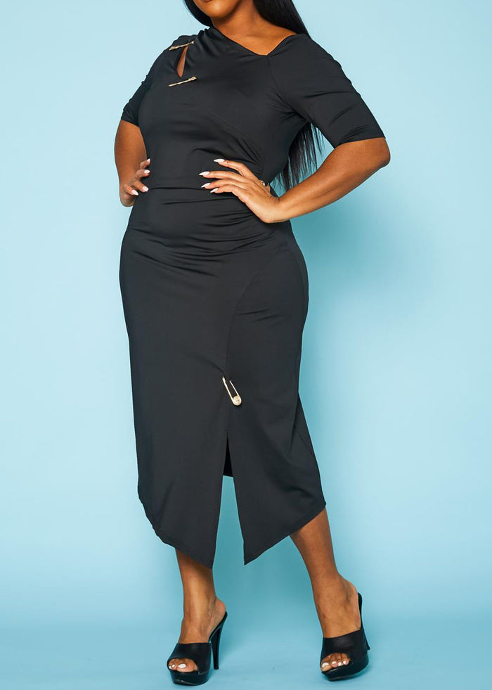 HI CURVY Plus Size Safety Pin Front Slit Bodycon Dresses