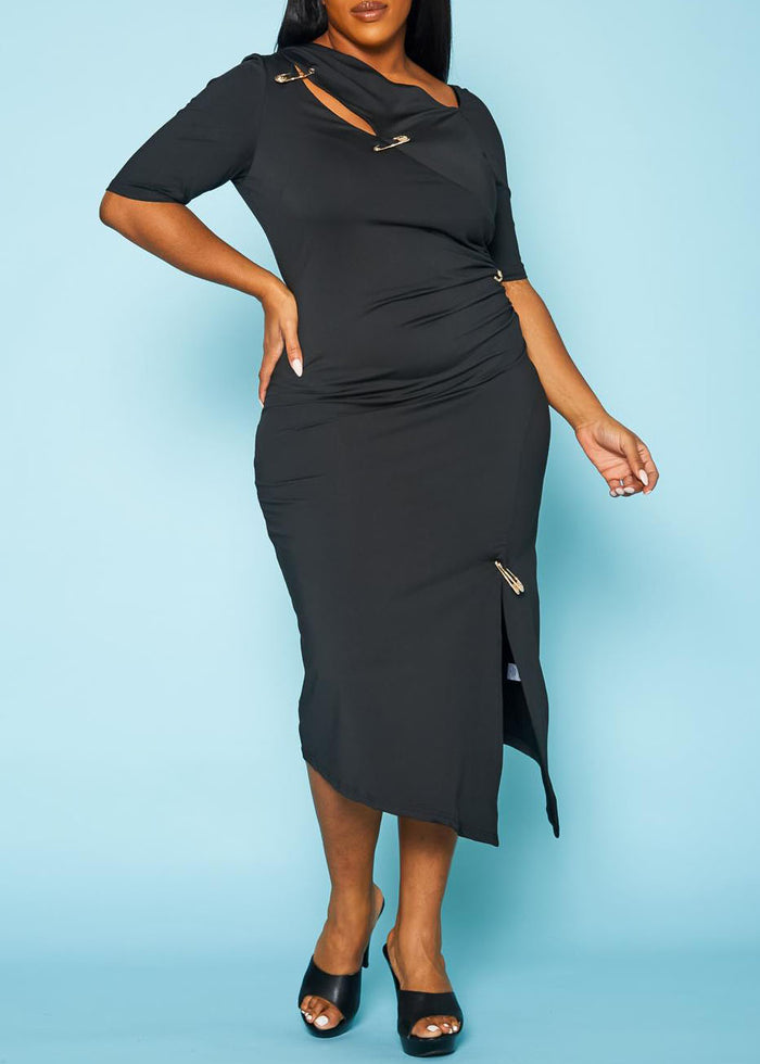 HI CURVY Plus Size Safety Pin Front Slit Bodycon Dresses