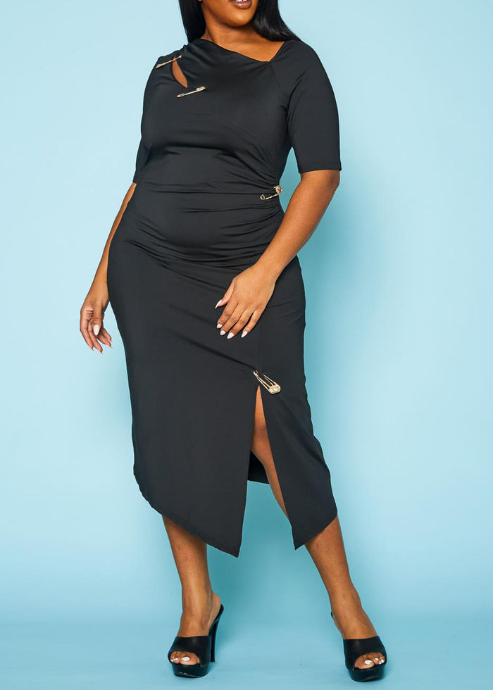 HI CURVY Plus Size Safety Pin Front Slit Bodycon Dresses