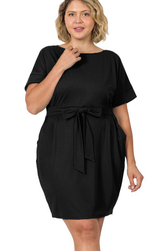 Hi Curvy Plus Size Women Brushed Tie Belt Dress