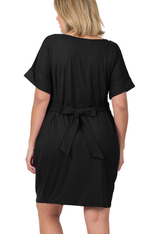 Hi Curvy Plus Size Women Brushed Tie Belt Dress