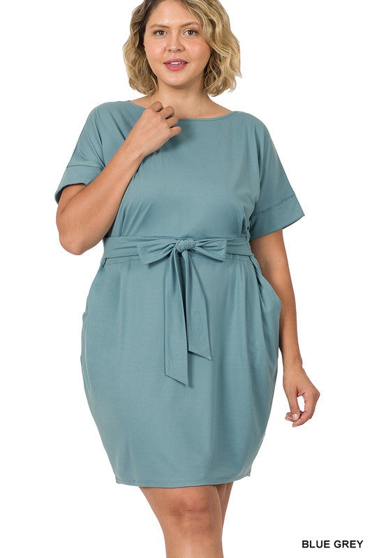 Hi Curvy Plus Size Women Brushed Tie Belt Dress