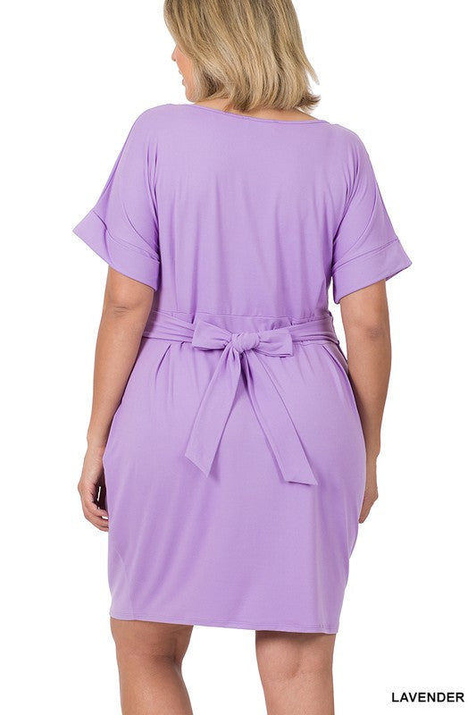 Hi Curvy Plus Size Women Brushed Tie Belt Dress