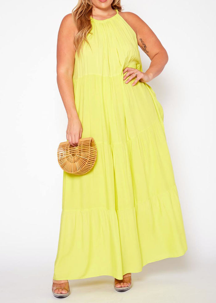 Hi Curvy Plus Size Women Halter Neck Flare Maxi Dress Made in USA