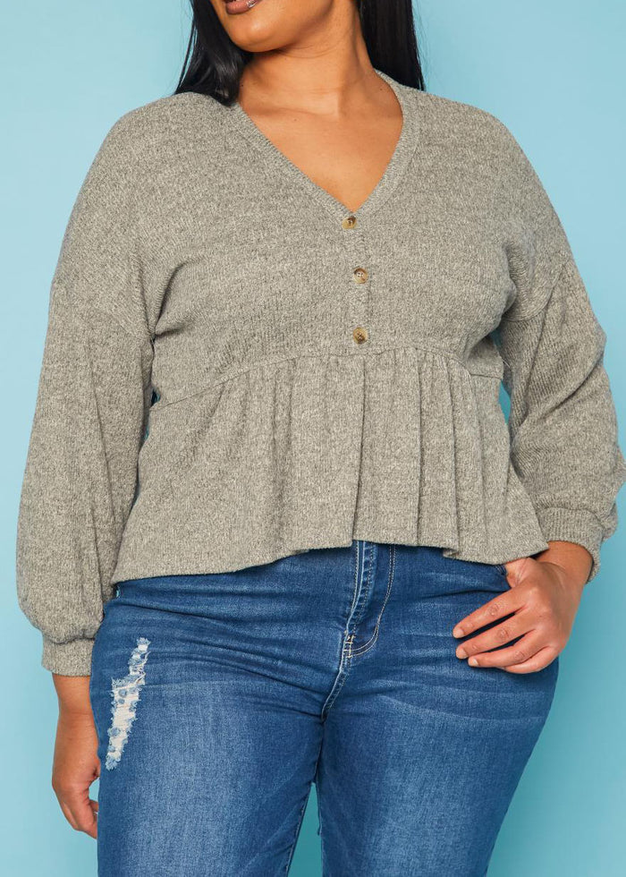 Hi Curvy Plus Size Women Long Sleeve Peplum Top Made In USA