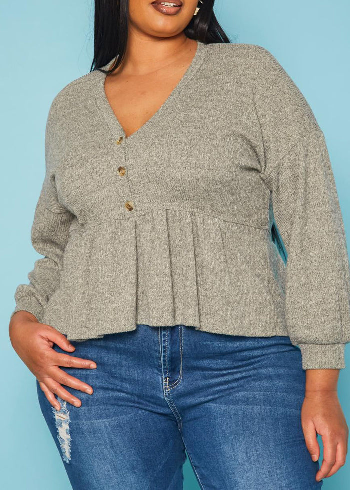 Hi Curvy Plus Size Women Long Sleeve Peplum Top Made In USA