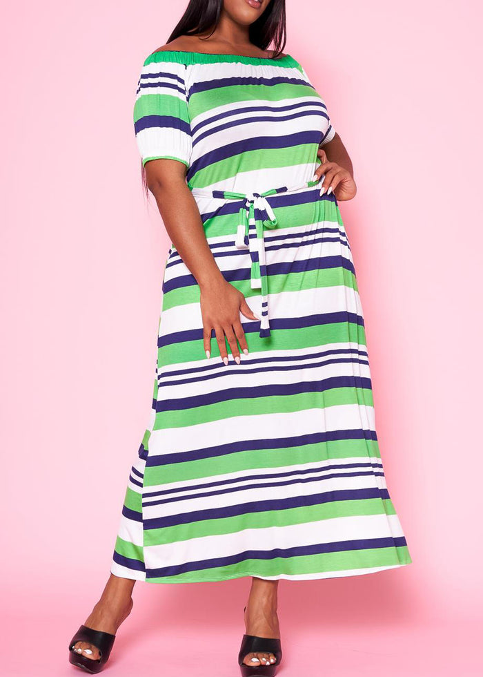 HI Curvy Plus Size Women Off Shoulder Multi Striped Flare Maxi Dress