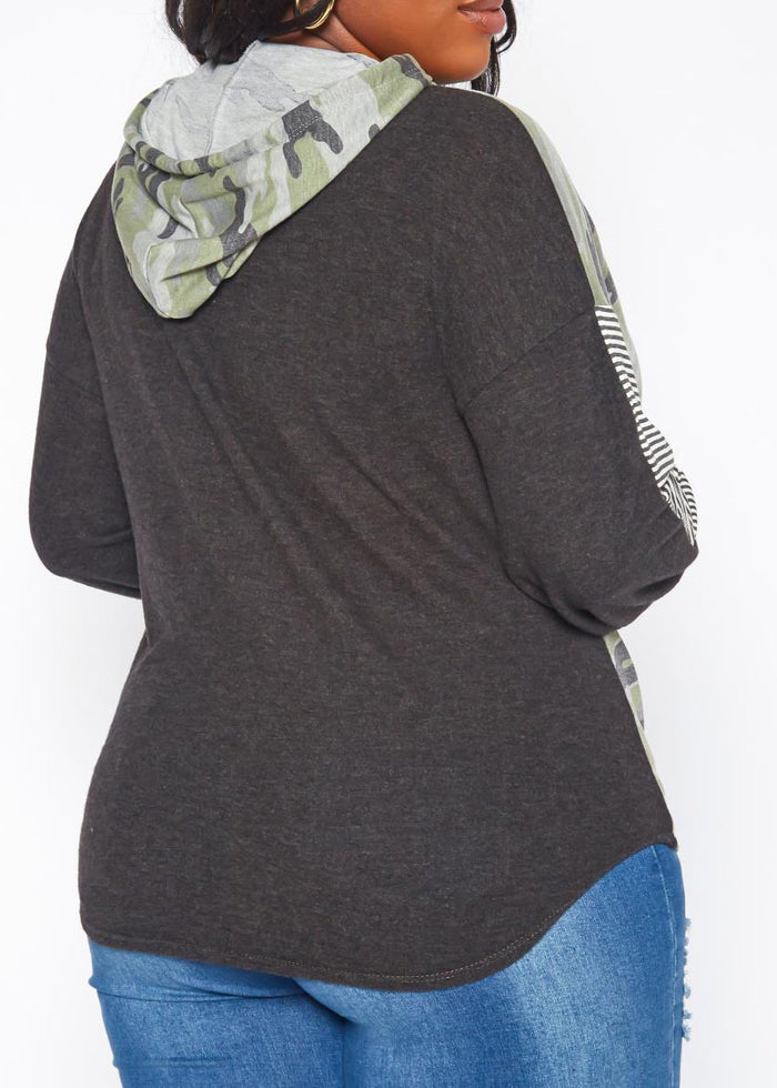 Hi Curvy Plus Size Women Pattern Splice  Long Sleeves With Hoodie Made in USA