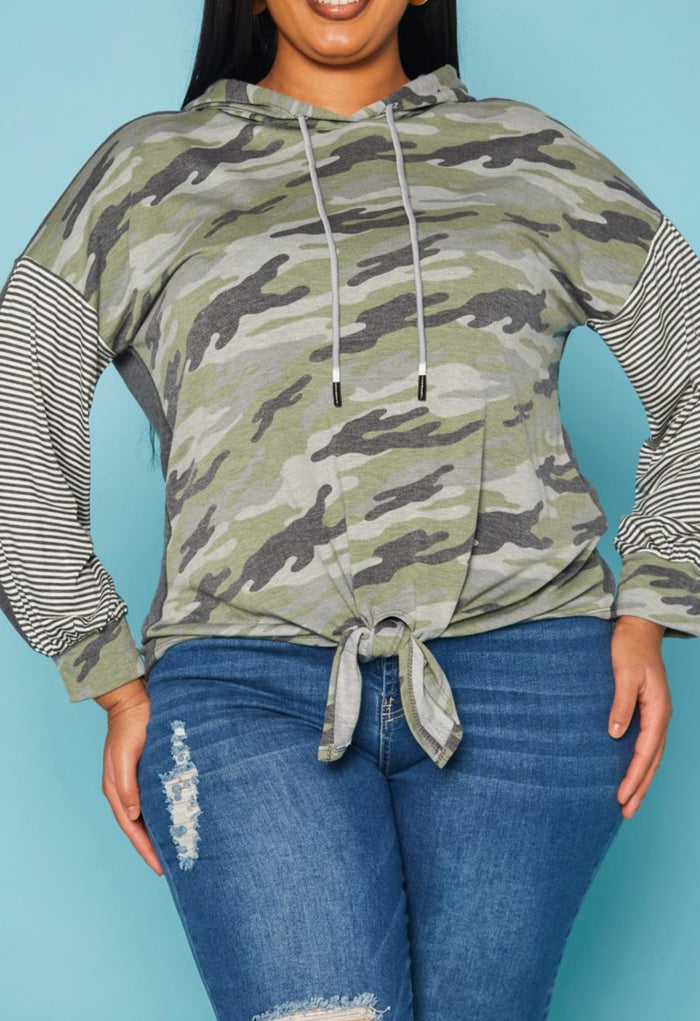 Hi Curvy Plus Size Women Pattern Splice  Long Sleeves With Hoodie Made in USA
