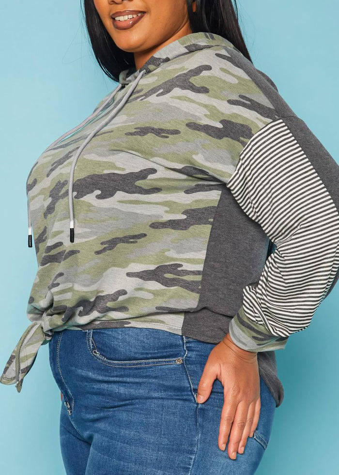 Hi Curvy Plus Size Women Pattern Splice  Long Sleeves With Hoodie Made in USA