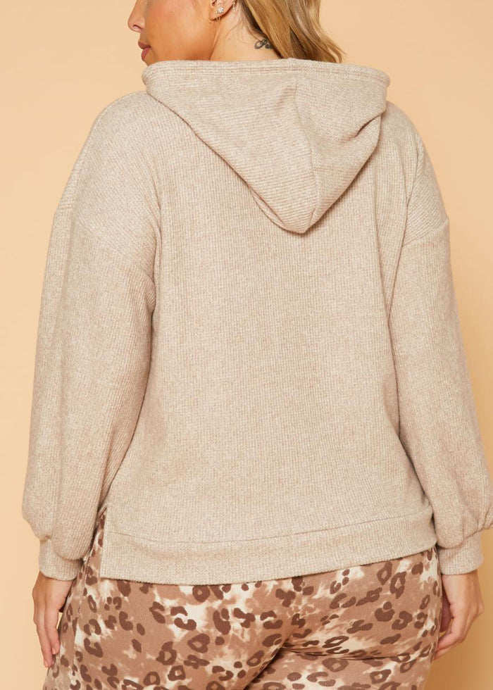 HI Curvy Plus Size Women Ribbed Knit Hooded Sweater