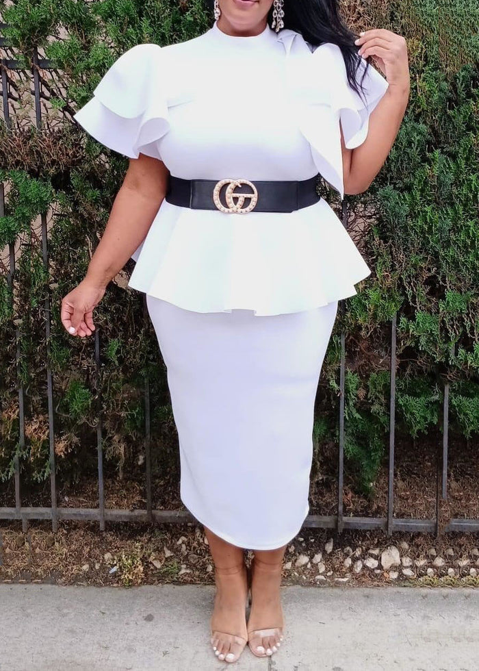Hi Curvy Plus Size Women Ruffle Hem Peplum Blouse and Skirt Set