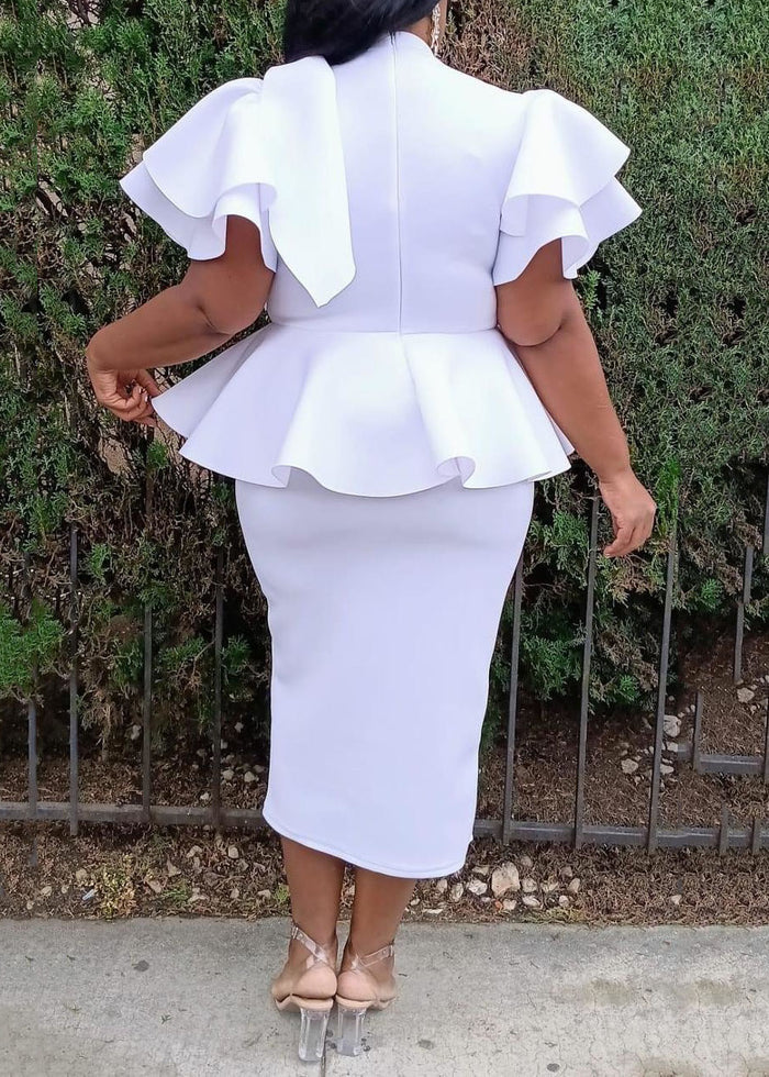 Hi Curvy Plus Size Women Ruffle Hem Peplum Blouse and Skirt Set