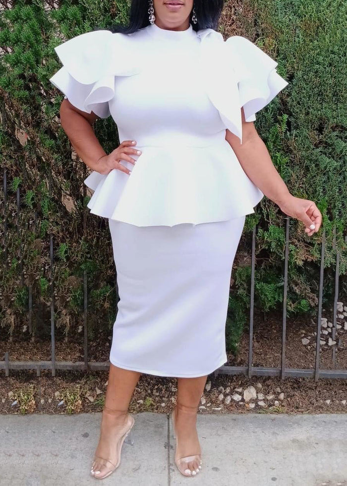 Hi Curvy Plus Size Women Ruffle Hem Peplum Blouse and Skirt Set