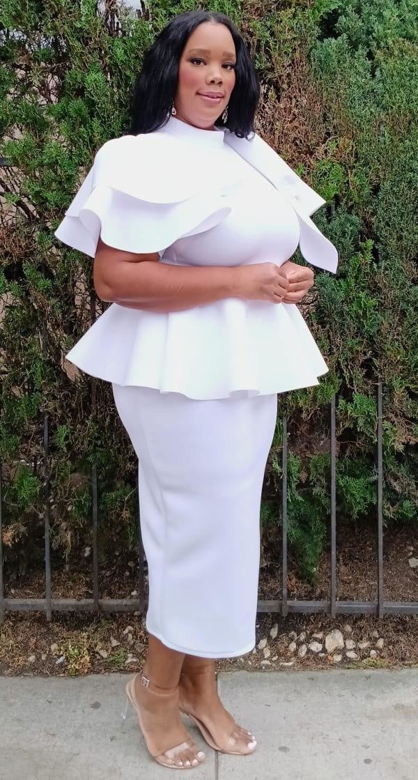 Hi Curvy Plus Size Women Ruffle Hem Peplum Blouse and Skirt Set