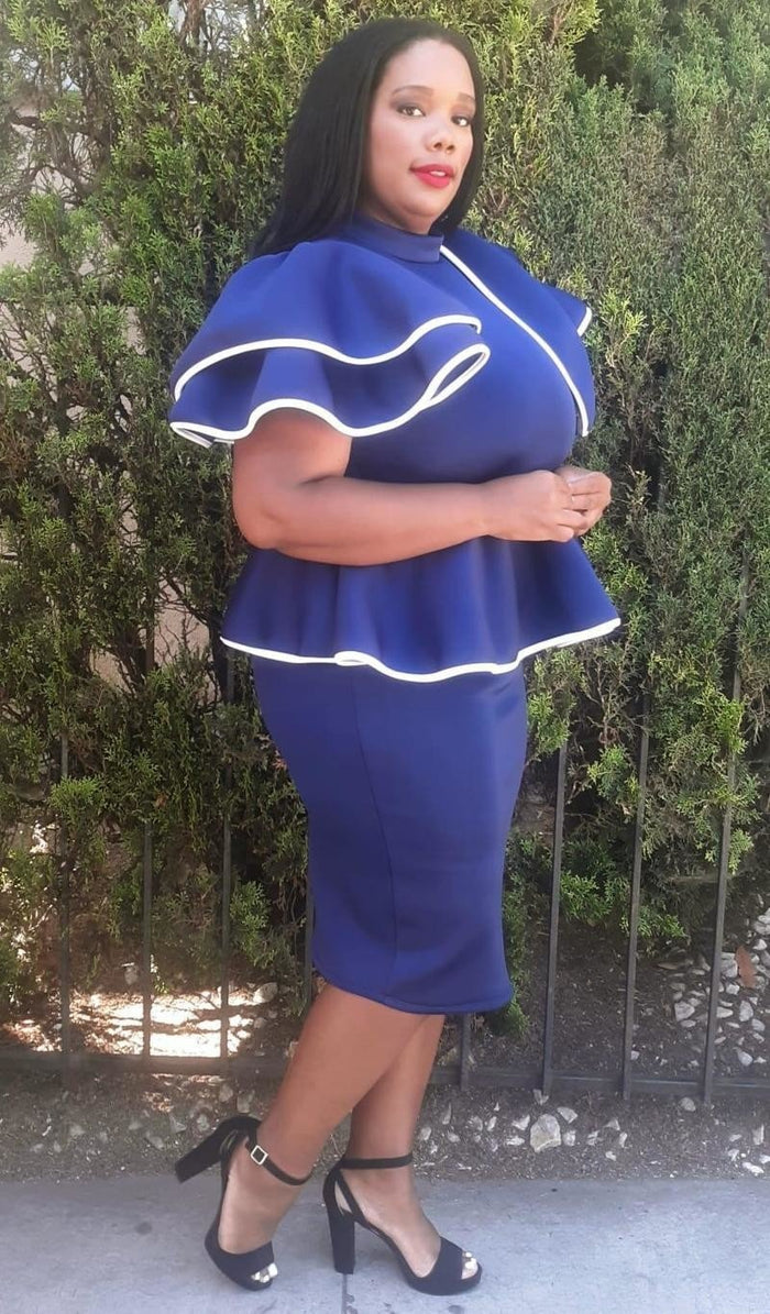 Hi Curvy Plus Size Women Ruffle Hem Peplum Blouse and Skirt Set