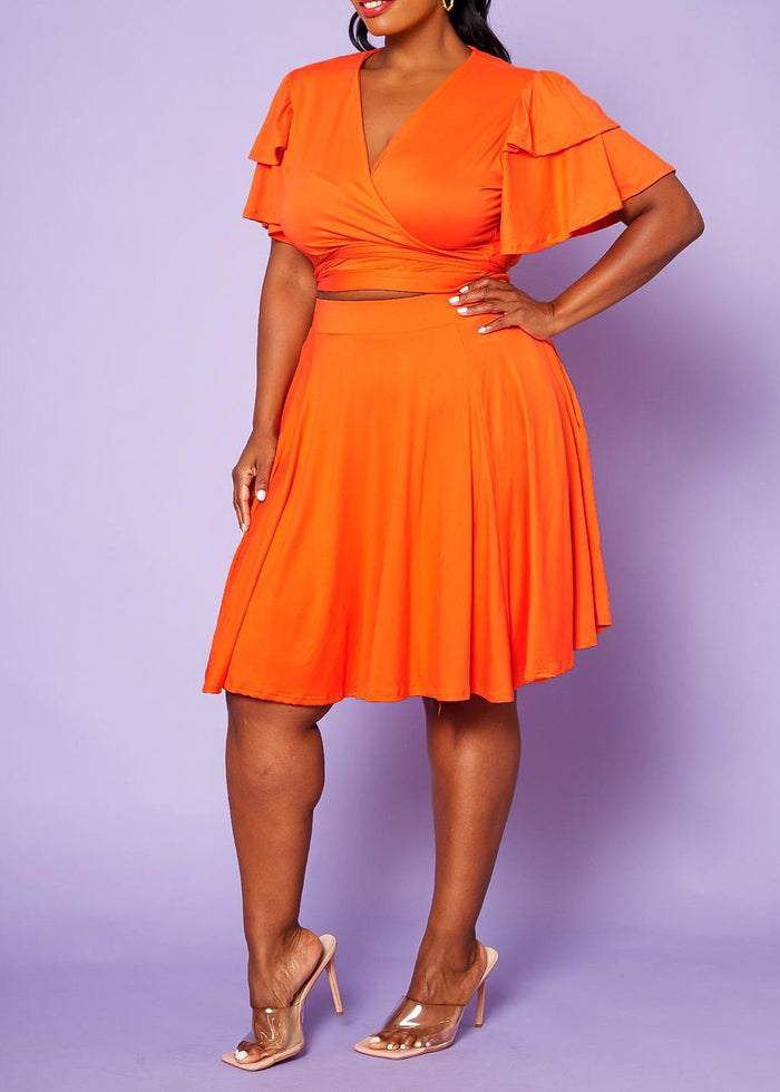 Hi Curvy Plus Size Women Ruffle Sleeve Wrap Blouse & Flare Skirt Set