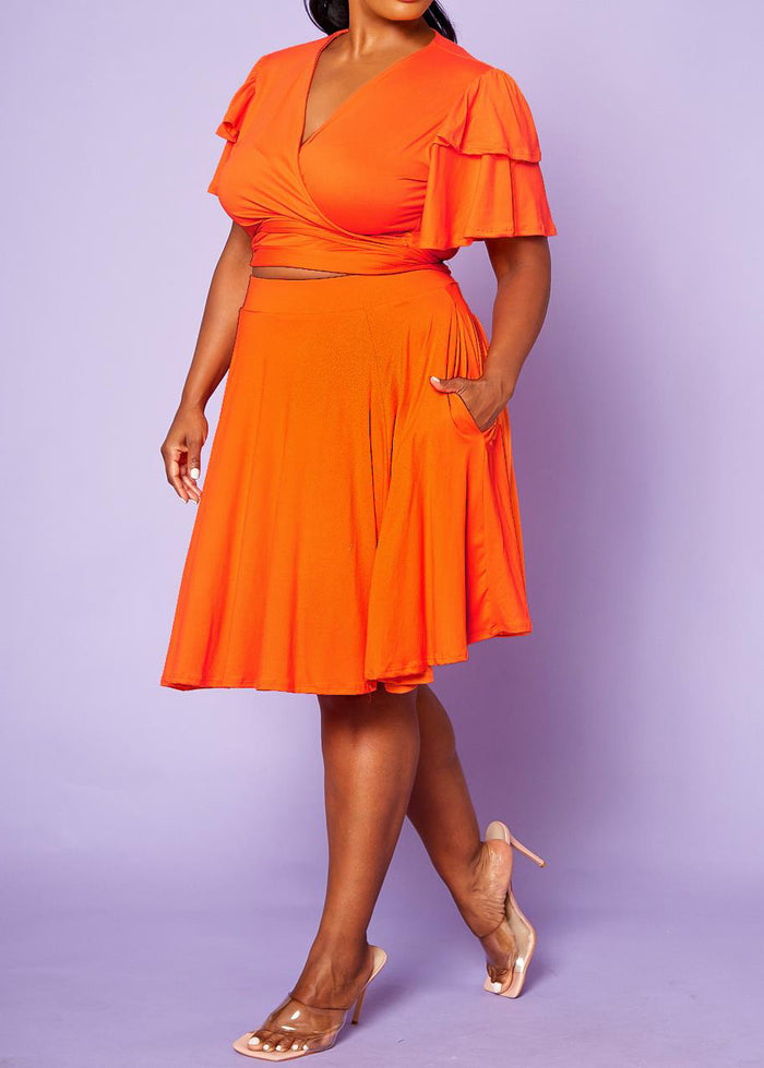 Hi Curvy Plus Size Women Ruffle Sleeve Wrap Blouse & Flare Skirt Set