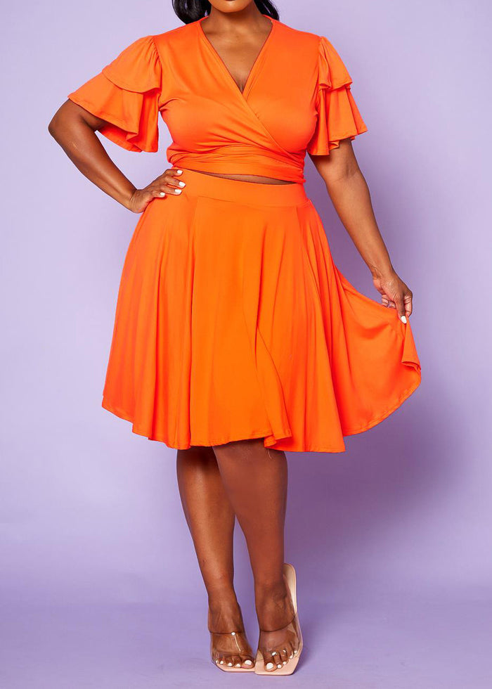 Hi Curvy Plus Size Women Ruffle Sleeve Wrap Blouse & Flare Skirt Set