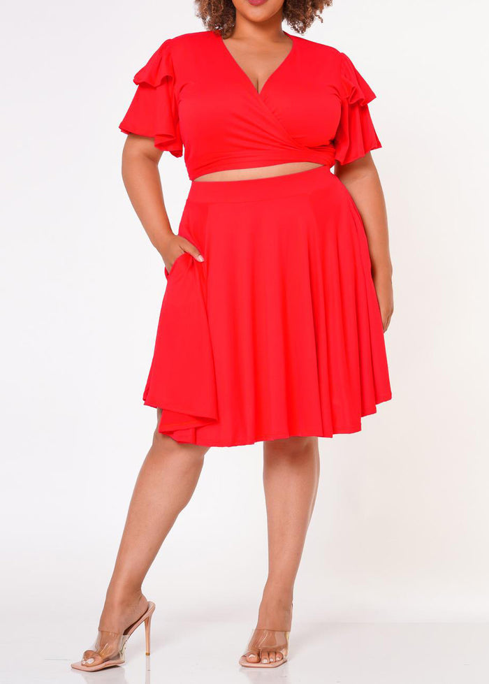 Hi Curvy Plus Size Women Ruffle Sleeve Wrap Blouse & Flare Skirt Set