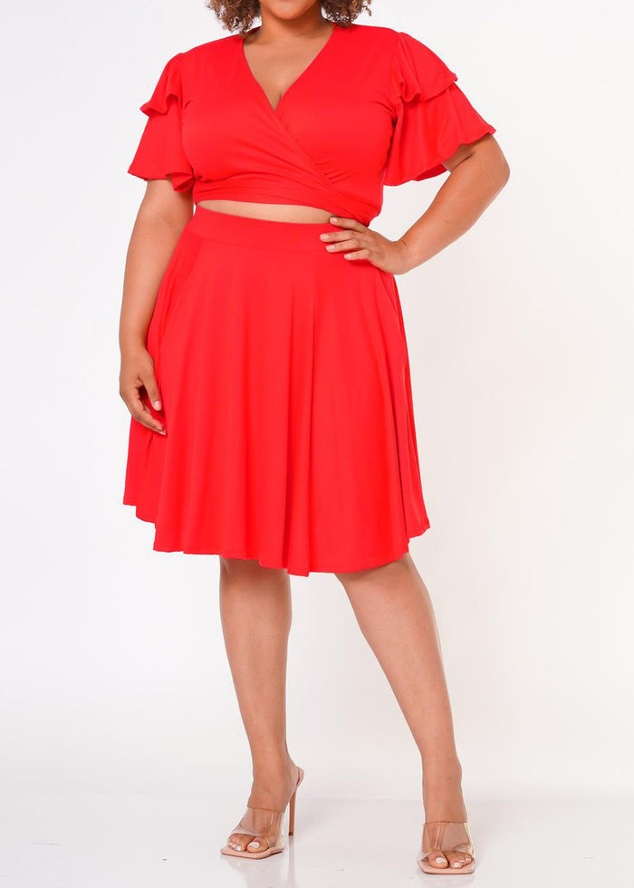 Hi Curvy Plus Size Women Ruffle Sleeve Wrap Blouse & Flare Skirt Set