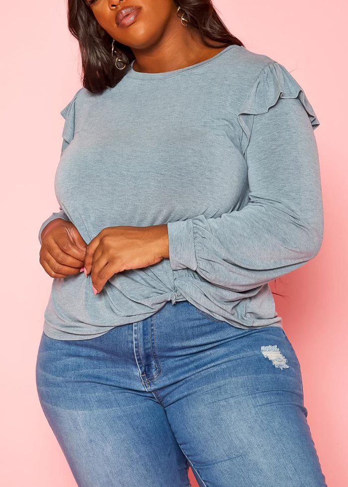 Hi Curvy Plus Size Women Ruffle Trim Long Sleeve Shirt Top Made in USA