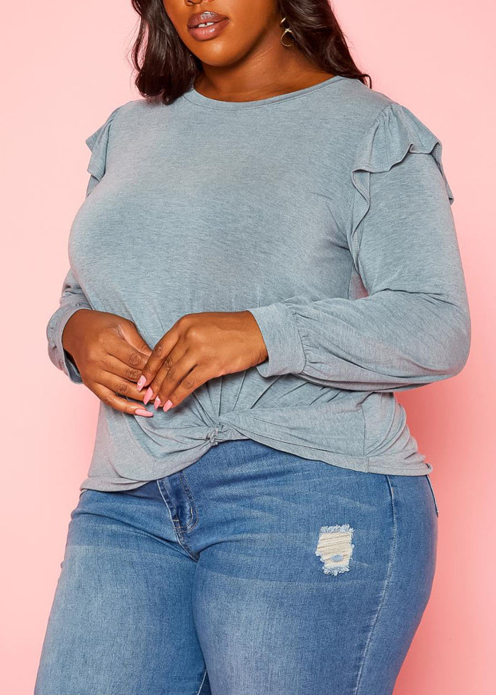 Hi Curvy Plus Size Women Ruffle Trim Long Sleeve Shirt Top Made in USA