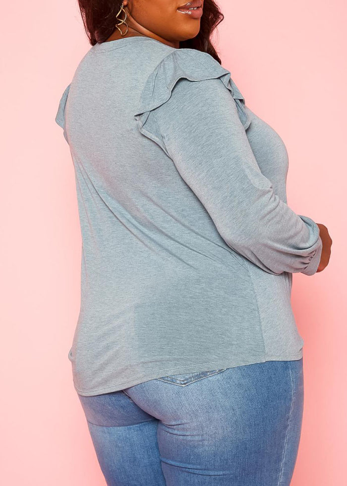 Hi Curvy Plus Size Women Ruffle Trim Long Sleeve Shirt Top Made in USA