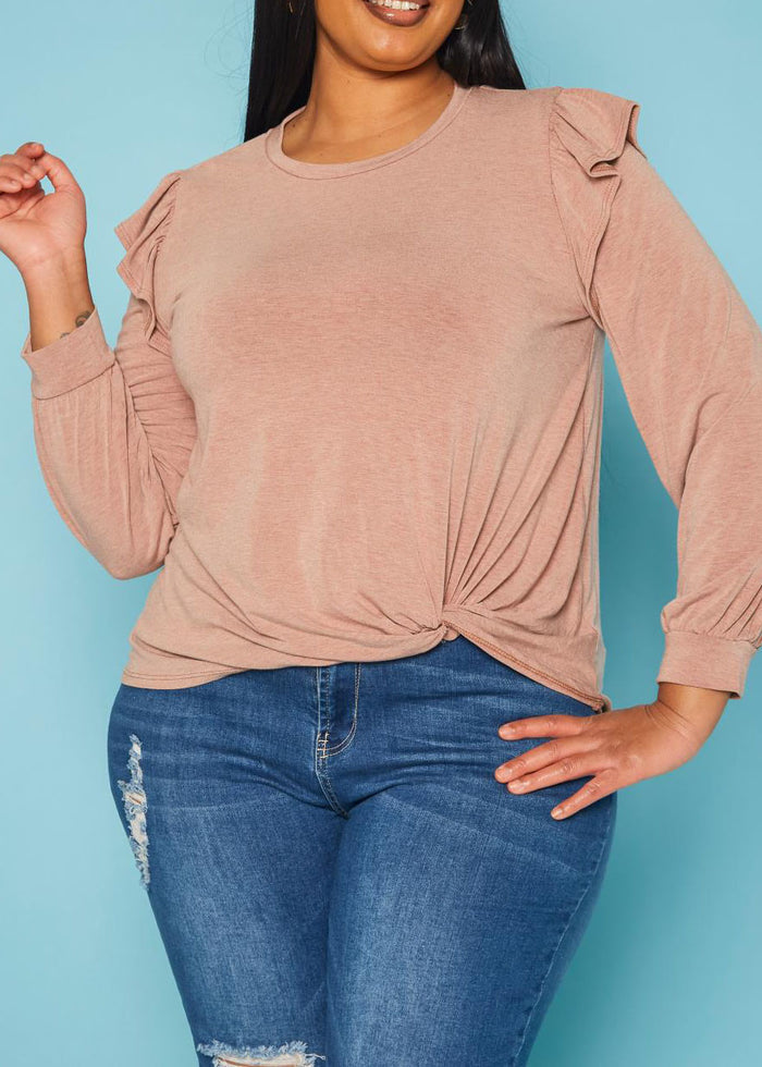 Hi Curvy Plus Size Women Ruffle Trim Long Sleeve Shirt Top Made in USA