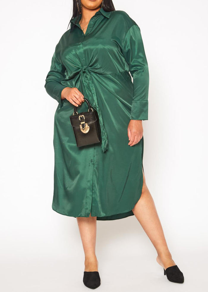Hi Curvy Plus Size Women Satin Button Front Midi Dress