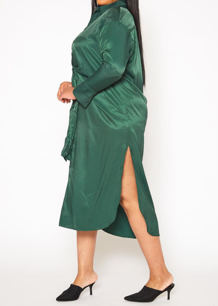Hi Curvy Plus Size Women Satin Button Front Midi Dress
