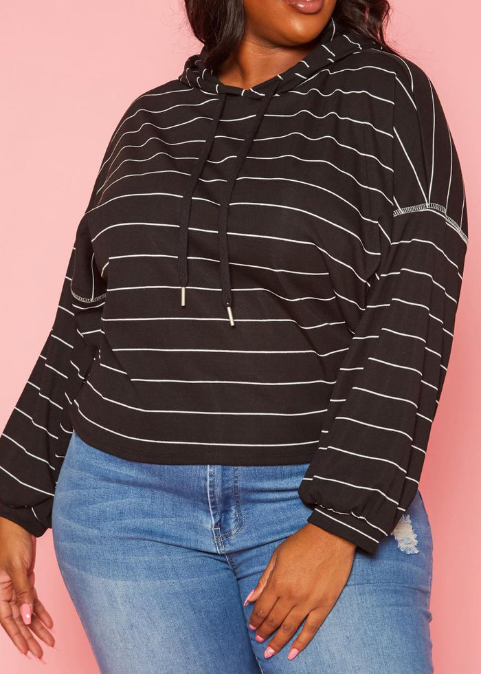 Hi Curvy Plus Size Women Striped Hooded Sweater made in USA