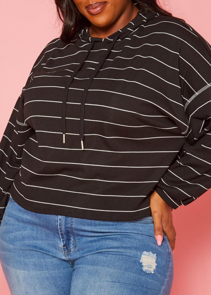 Hi Curvy Plus Size Women Striped Hooded Sweater made in USA