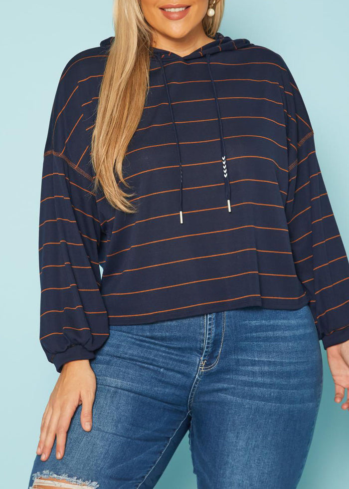 Hi Curvy Plus Size Women Striped Hooded Sweater made in USA