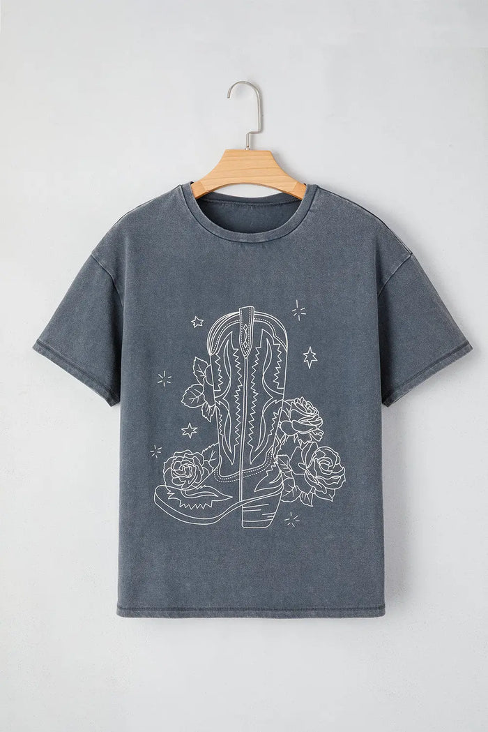High-Rise Western Cowboy Boots Graphic Tee - Tops/Tops & Tees