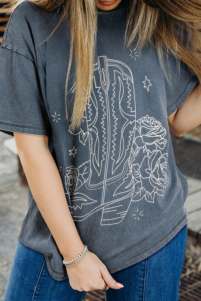 High-Rise Western Cowboy Boots Graphic Tee - High-rise / S / 100% Cotton - Tops/Tops & Tees