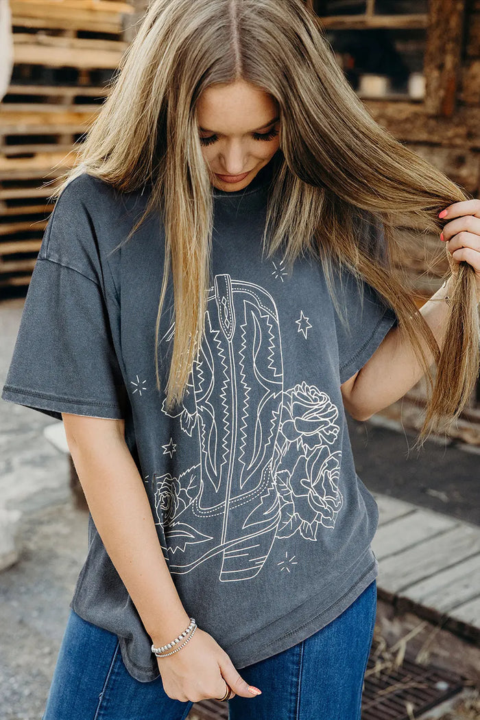 High-Rise Western Cowboy Boots Graphic Tee - Tops/Tops & Tees